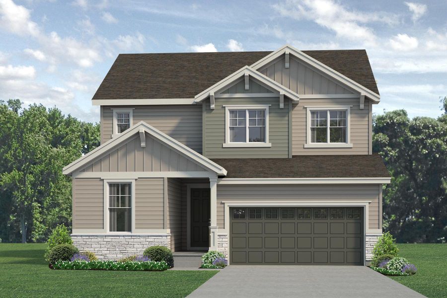 Representative exterior photo of a completed home built from the Jackson by Risewell Homes in Highlands Preserve, Mead, CO (Image 2). Representative exterior photo of a completed home built from the Jackson by Risewell Homes in Highlands Preserve, Mead, CO (Image 2).