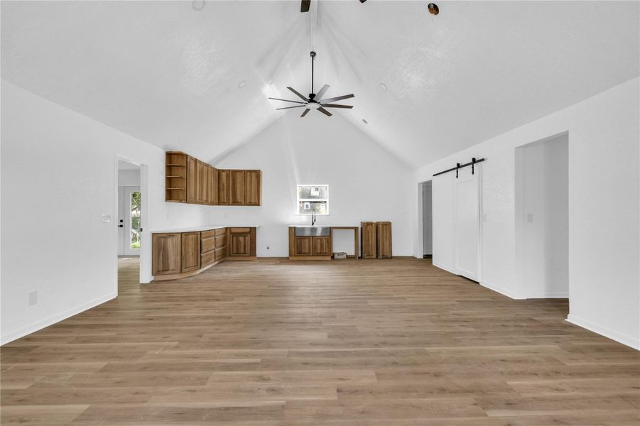 Vaulted ceilings in the living and kitchen