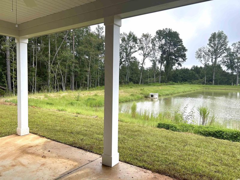 View of green lawn featuring a water view, a patio area, and a ceiling fan View of green lawn featuring a water view, a patio area, and a ceiling fan