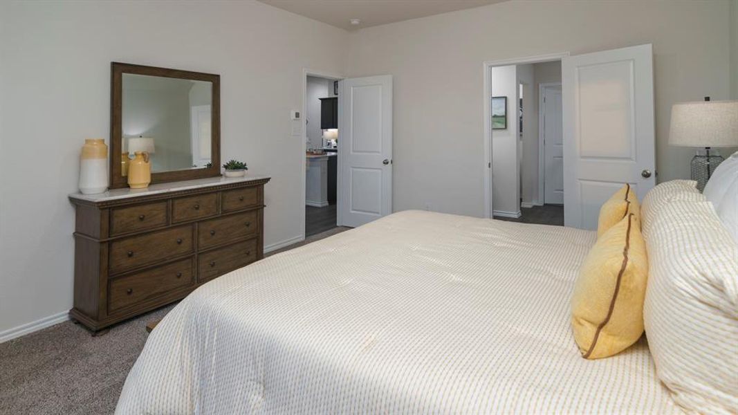 Bedroom featuring dark carpet and connected bathroom