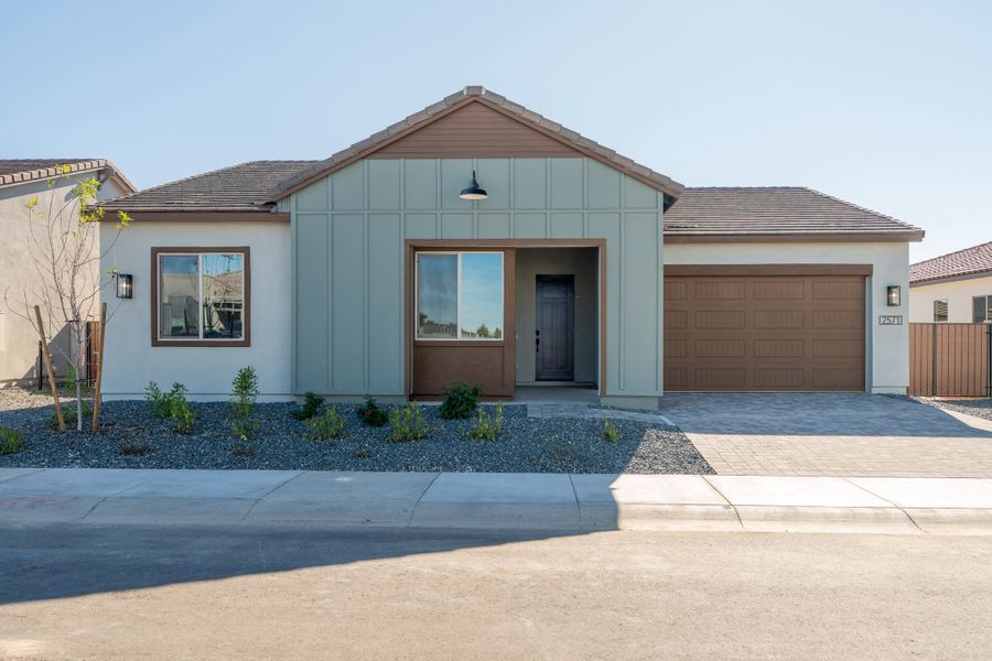 Front exterior of a new home in Soleo, San Tan Valley, AZ, highlighting curb appeal (Image 1). Front exterior of a new home in Soleo, San Tan Valley, AZ, highlighting curb appeal (Image 1).