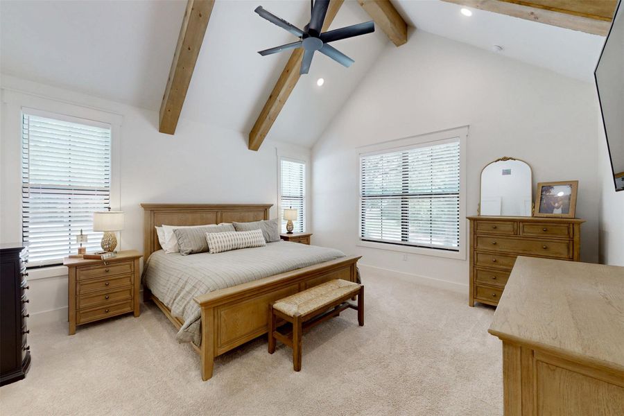 Bedroom with light carpet, beam ceiling, recessed lighting, high vaulted ceiling, and ceiling fan