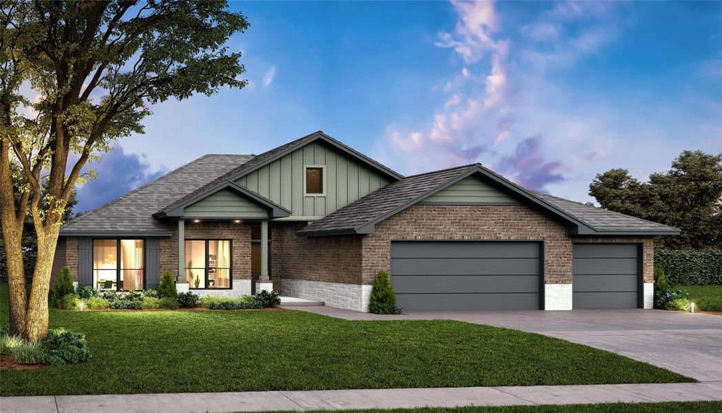 Front exterior of a new home in Encino Estates, Dayton, TX, highlighting curb appeal (Image 1). Front exterior of a new home in Encino Estates, Dayton, TX, highlighting curb appeal (Image 1).
