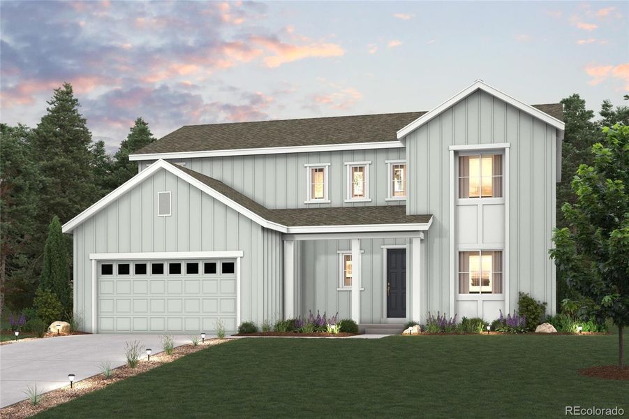 Front exterior of a new home in Prestige Collection at Parkdale Commons, Erie, CO, highlighting curb appeal (Image 1). Front exterior of a new home in Prestige Collection at Parkdale Commons, Erie, CO, highlighting curb appeal (Image 1).
