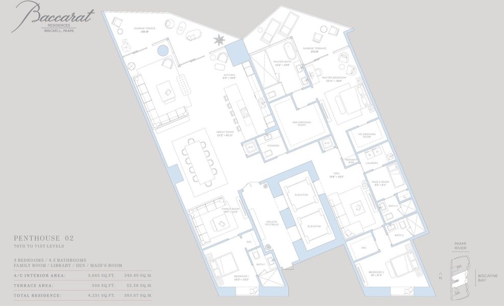 2D floor plan layout for the penthouse 2 by Related Group in Baccarat Residences Miami, Miami, FL (Image 1).