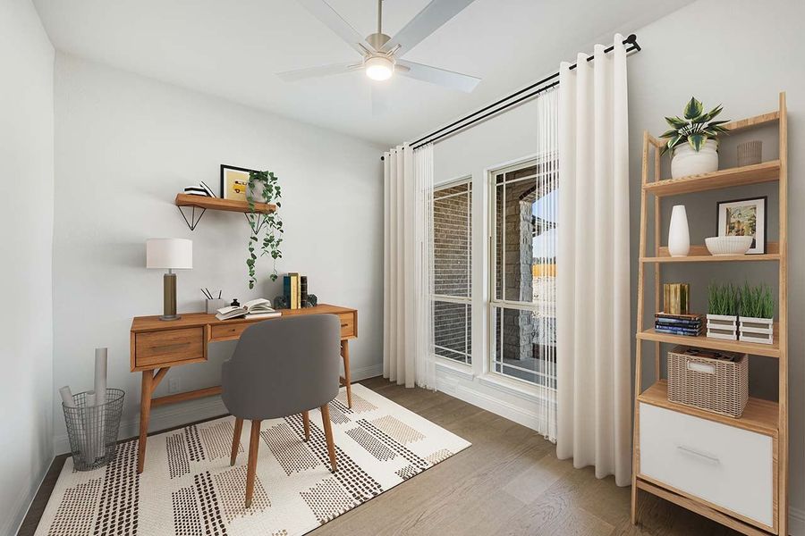 Home office with wooden desk, ceiling fan, ladder shelf, and sliding glass door with white curtains