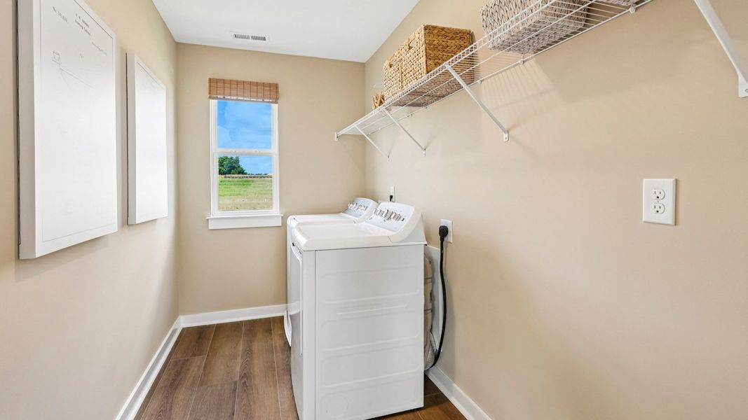 Dedicated laundry space with window and ventilated shelf Dedicated laundry space with window and ventilated shelf