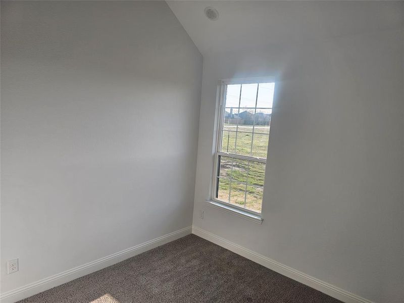 Spare room with vaulted ceiling, a healthy amount of sunlight, and carpet floors