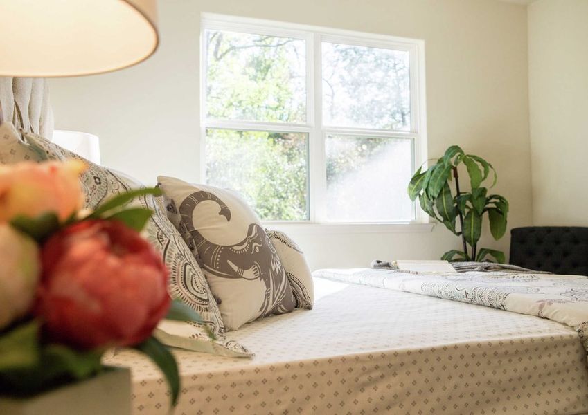 Maple new home staged living room with decorative house plants, gray and white pillows, and beige lamp shade