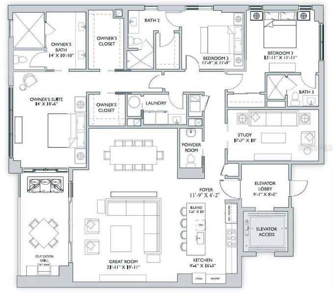 2D floor plan layout of this home in The Owen Golden Gate Point, Sarasota, FL (Image 5).