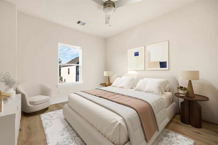 Charming secondary bedroom featuring wood-like floors, plenty of natural light, high ceilings, with a ceiling fan with lighting, and a flexible layout perfect for various uses. *Virtually staged