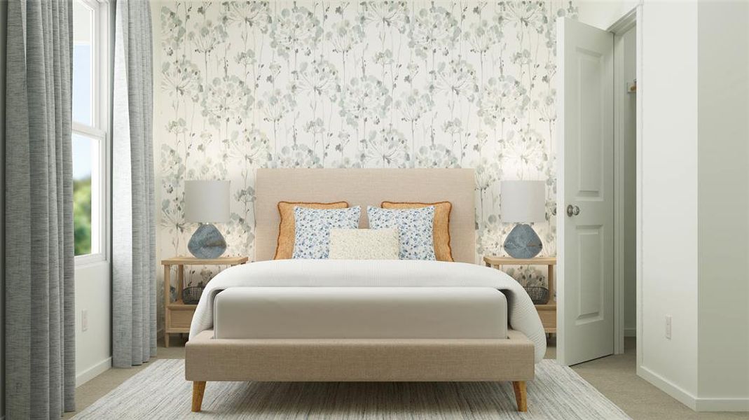 Bedroom featuring carpet and wallpapered walls