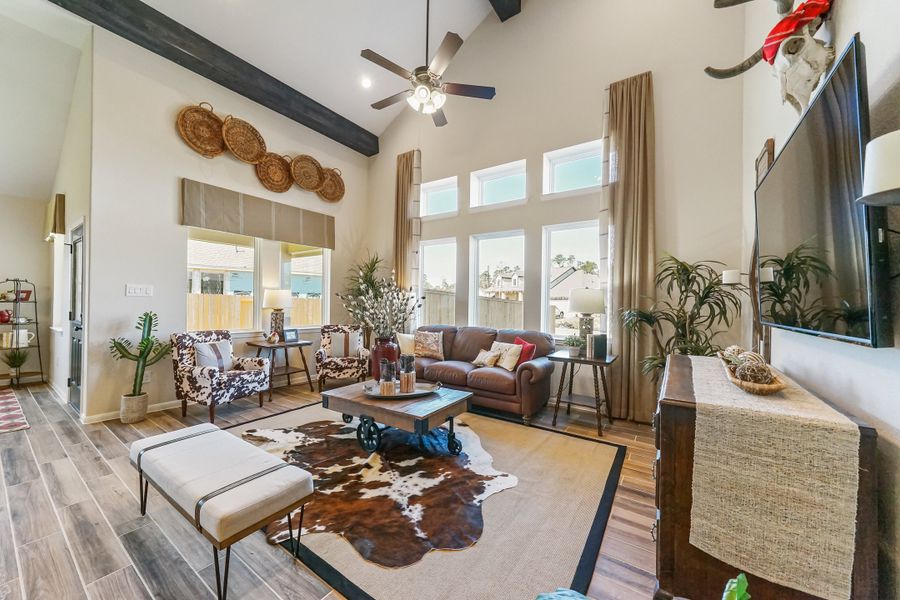 Great room with sloped ceiling Great room with sloped ceiling