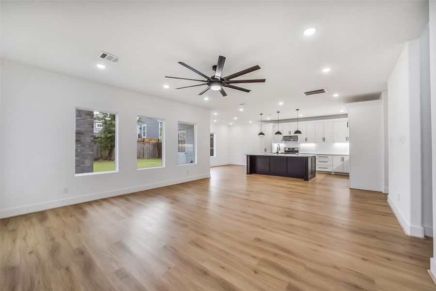 Open concept living and kitchen area.