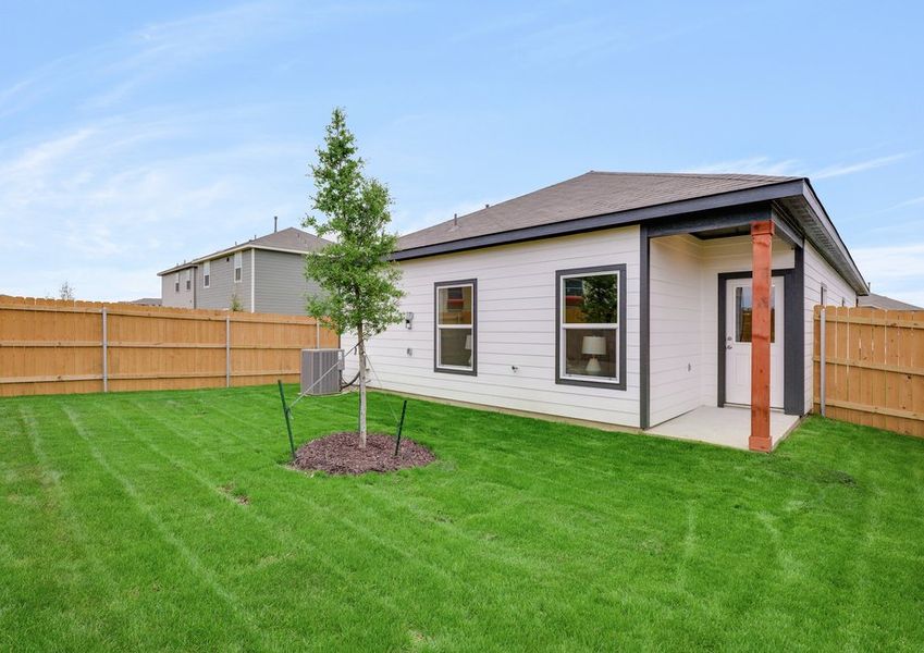The back yard of the Cedar is fully fenced-in. The back yard of the Cedar is fully fenced-in.