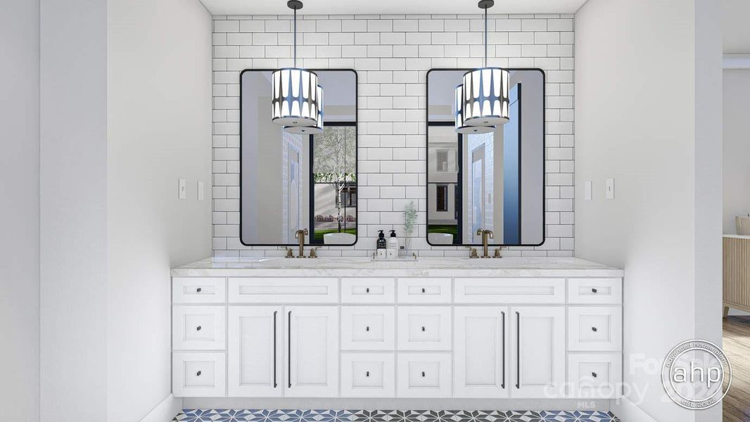 Concept Photo of Primary Bath features dual vanity, custom lighting & tile flooring!