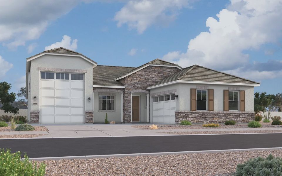 Front exterior of a new home in Valencia at Granite Vista, Waddell, AZ, highlighting curb appeal (Image 22).