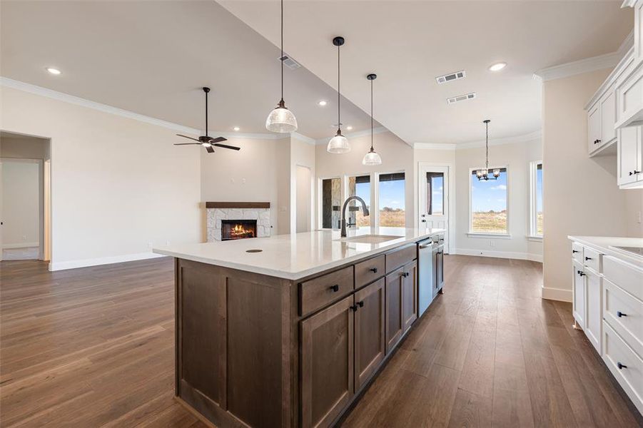 Kitchen featuring white cabinets, a fireplace, open floor plan, crown molding, and dark wood-style floors