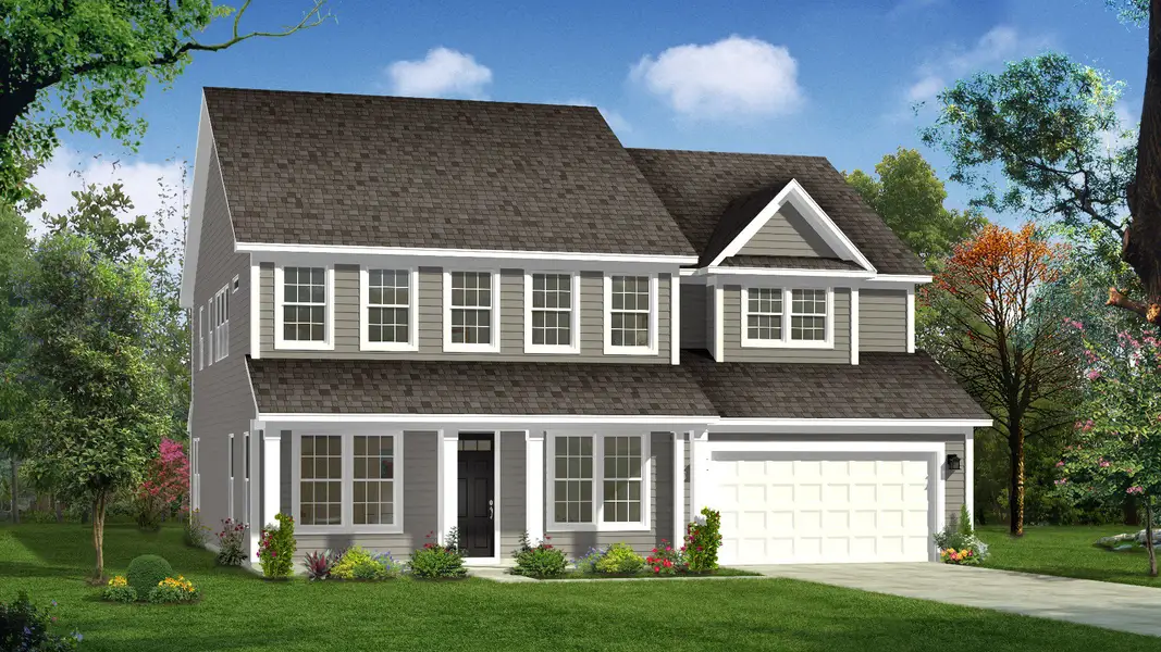 Representative exterior photo of a completed home built from the Stonehaven by DRB Homes in Michaux Gardens, Belmont, NC (Image 1). Representative exterior photo of a completed home built from the Stonehaven by DRB Homes in Michaux Gardens, Belmont, NC (Image 1).