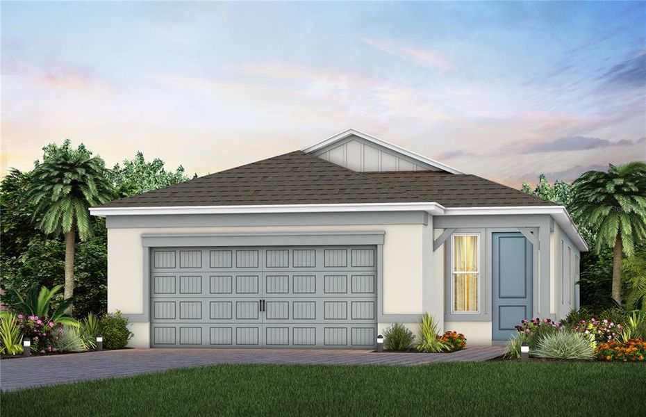 Front exterior of a new home in Del Webb Sunbridge, St. Cloud, FL, highlighting curb appeal (Image 1).