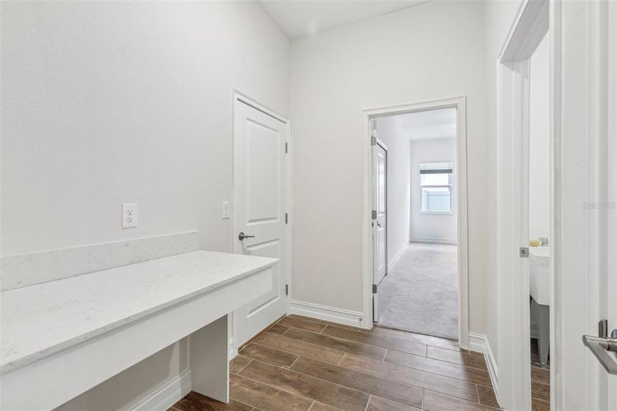 garage entrance with quartz counters