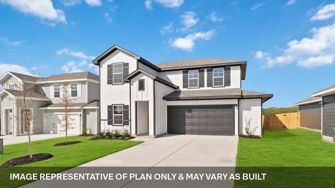 Front exterior of a new home in Talavera, Kyle, TX, highlighting curb appeal (Image 1). Front exterior of a new home in Talavera, Kyle, TX, highlighting curb appeal (Image 1).