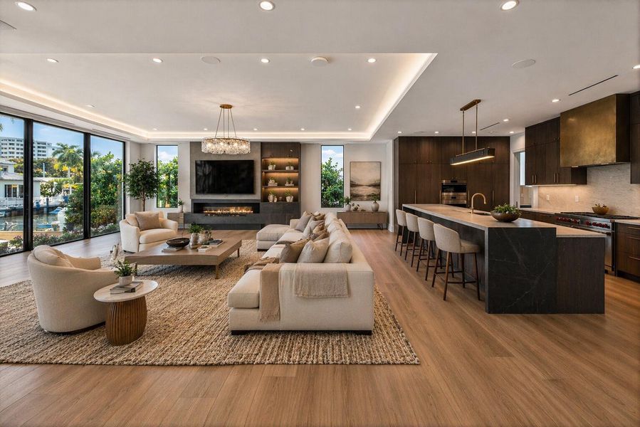 Modern waterfront living room ambiance Modern waterfront living room ambiance