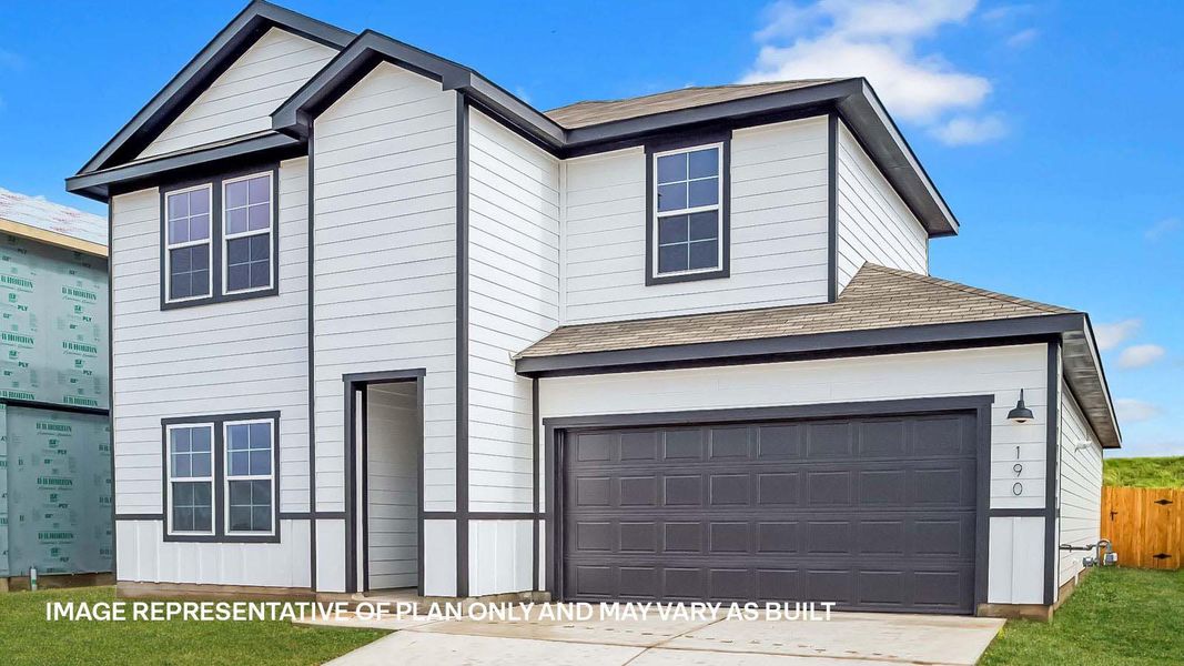 Front exterior of a new home in Prairie Lakes, Buda, TX, highlighting curb appeal (Image 17).