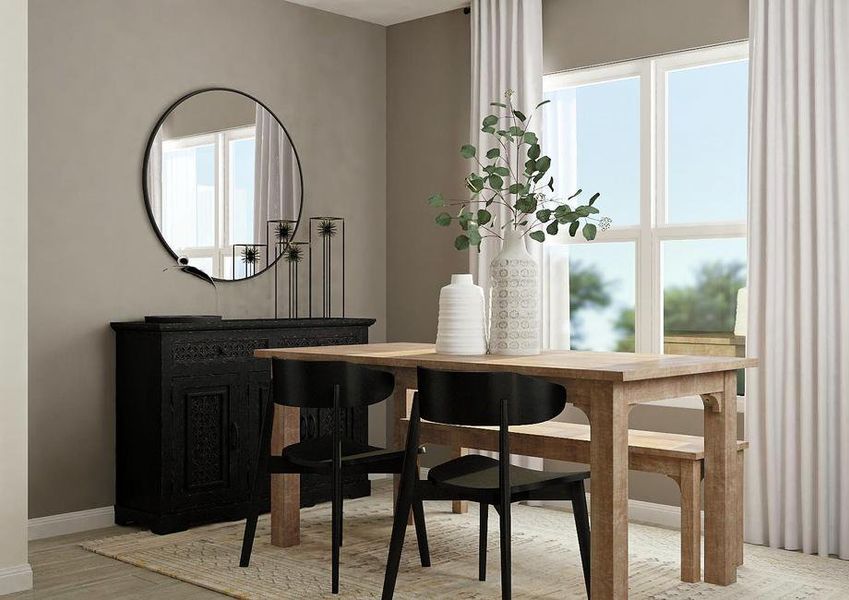 Rendering of the
  dining room with wood-look flooring covered by a rug, large window, accent
  gray walls, dining table and buffet table.