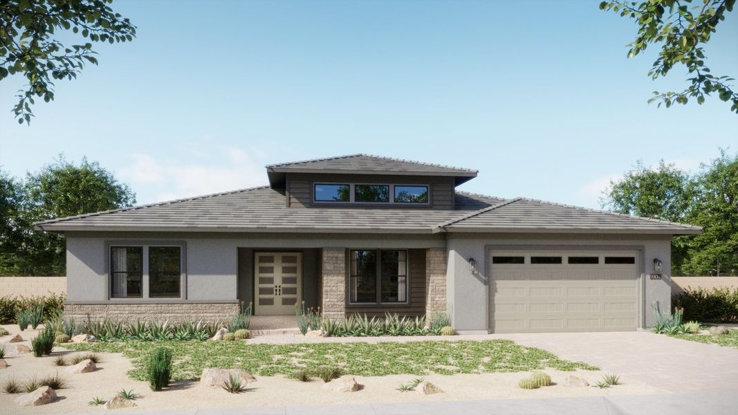Front exterior of a new home in Estates at Kings Ranch, Gold Canyon, AZ, highlighting curb appeal (Image 28). Front exterior of a new home in Estates at Kings Ranch, Gold Canyon, AZ, highlighting curb appeal (Image 28).