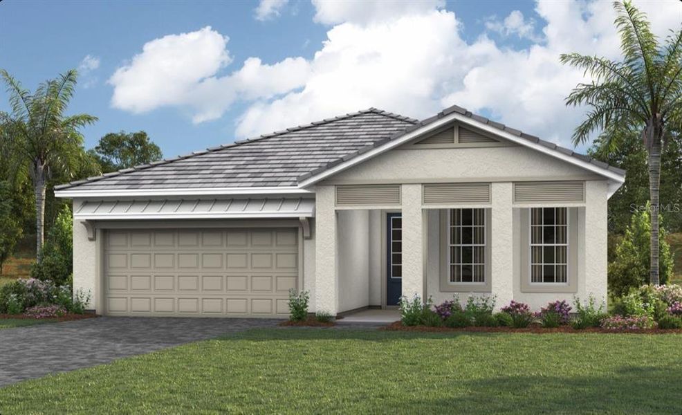 Front exterior of a new home in Sunstone Lakeside at Wellen Park, Venice, FL, highlighting curb appeal (Image 1).