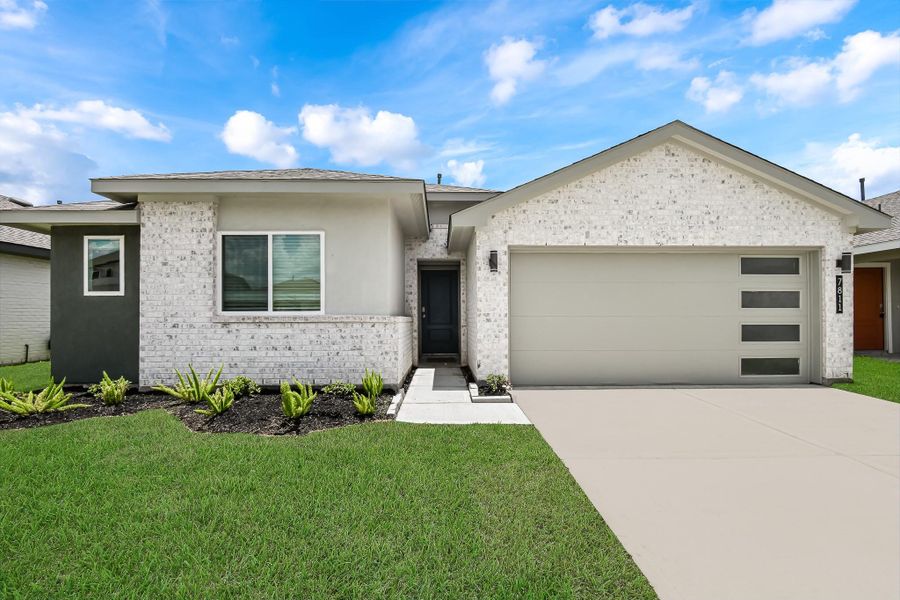 Front exterior of a new home in Watermark, Alvin, TX, highlighting curb appeal (Image 1). Front exterior of a new home in Watermark, Alvin, TX, highlighting curb appeal (Image 1).