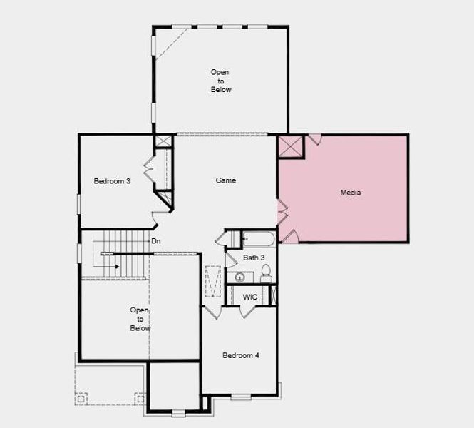Second Floor Plan - Additional Highlights Include: Media room and drop-in corner tub at primary bath Second Floor Plan - Additional Highlights Include: Media room and drop-in corner tub at primary bath
