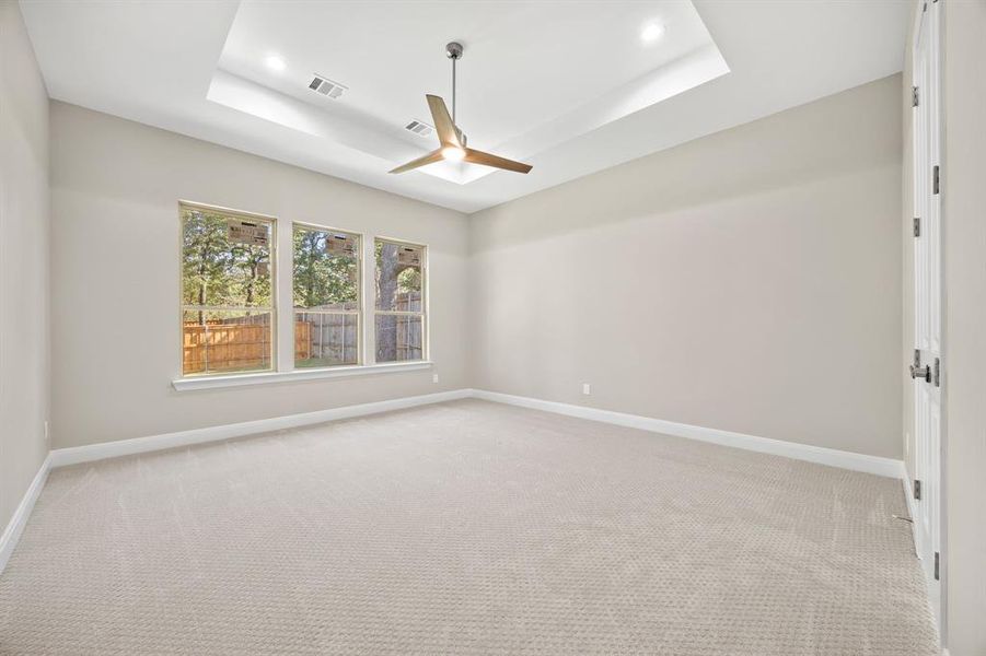 Main suite with ceiling fan, carpet floors, and a tray ceiling