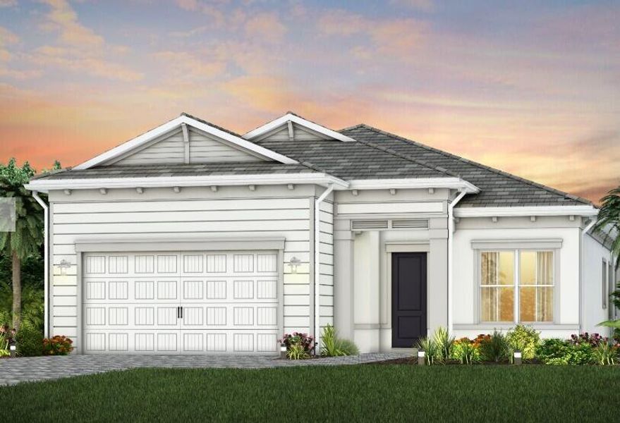 Front exterior of a new home in Avondale at Avenir, Palm Beach Gardens, FL, highlighting curb appeal (Image 1). Front exterior of a new home in Avondale at Avenir, Palm Beach Gardens, FL, highlighting curb appeal (Image 1).