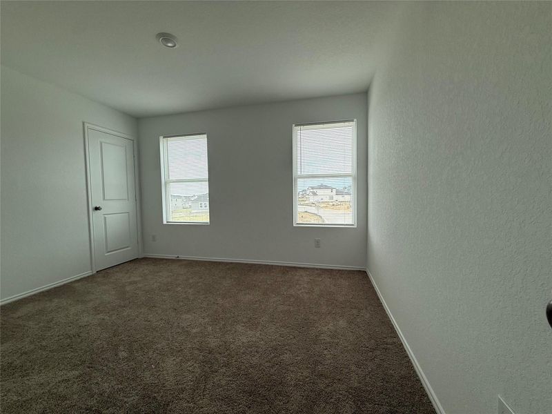 Bedroom featuring dark carpet, multiple windows, and a textured wall
