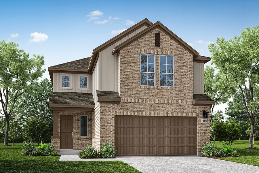 Front exterior of a new home in Terrace Collection at Lariat, Liberty Hill, TX, highlighting curb appeal (Image 1). Front exterior of a new home in Terrace Collection at Lariat, Liberty Hill, TX, highlighting curb appeal (Image 1).