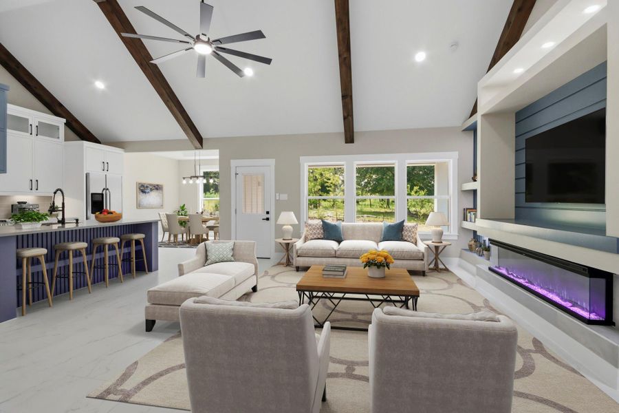 Virtually Staged: This wide view shows the seamless flow between the chef's kitchen, dining room, and great room, all unified under a soaring vaulted ceiling with dramatic stained-wood beams. Virtually Staged: This wide view shows the seamless flow between the chef's kitchen, dining room, and great room, all unified under a soaring vaulted ceiling with dramatic stained-wood beams.