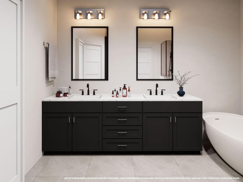 Designed with both beauty and functionality in mind, the primary bathroom combines timeless style with practical features to create a sophisticated space that feels both inviting and effortless. From the morning routine to evening relaxation, every detail is thoughtfully planned for the way you live. Image depicts artist's rendering; see New Home Sales Consultant for details.