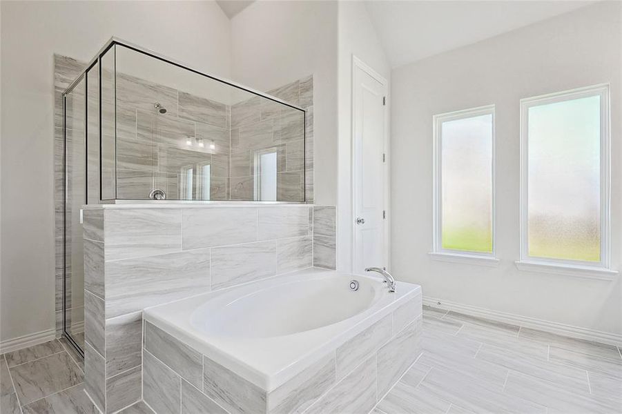 Bathroom with lofted ceiling and separate shower and tub