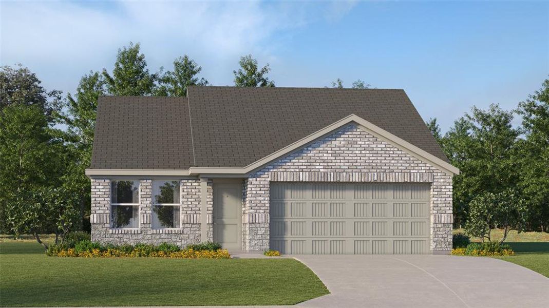 View of front of home with a front yard and a garage