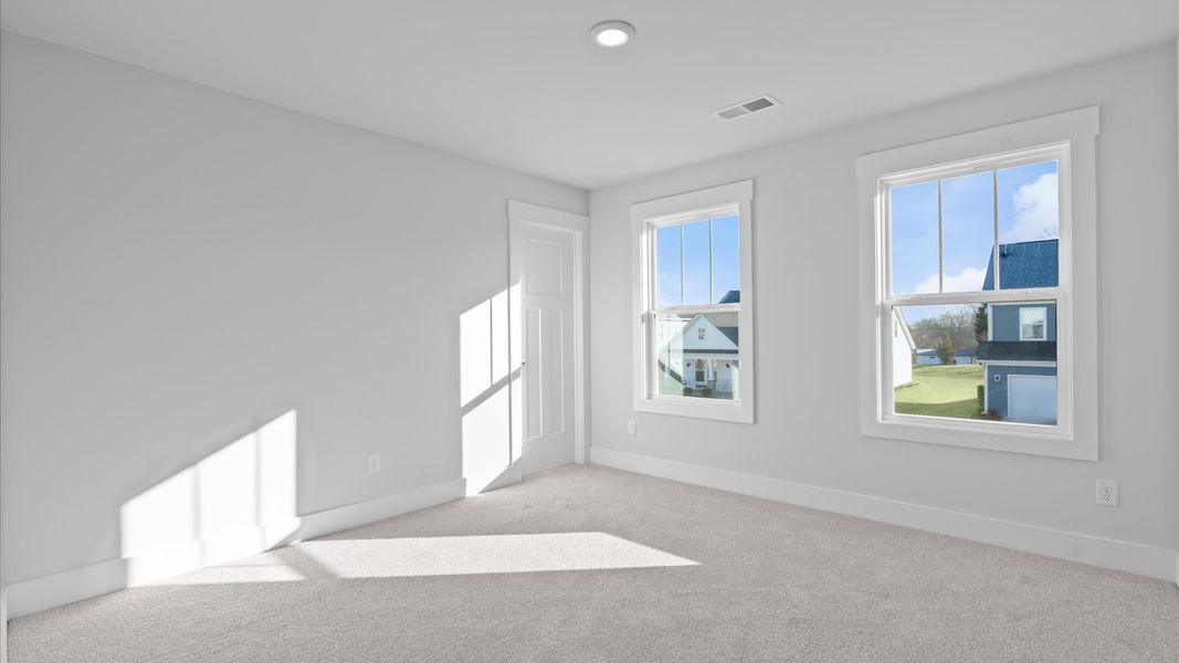 Tasteful bedroom with plush carpet, a walk-in closet, and large windows for abundant natural light