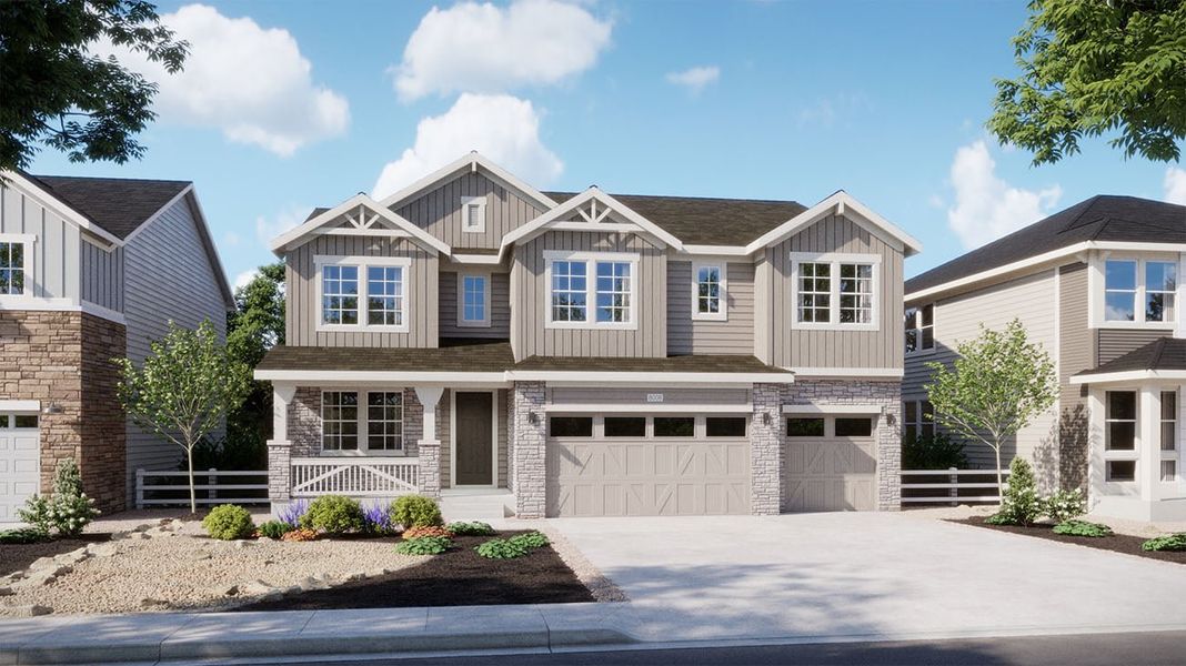 Front exterior of a new home in The Estates Collection at Murphy Creek, Aurora, CO, highlighting curb appeal (Image 1). Front exterior of a new home in The Estates Collection at Murphy Creek, Aurora, CO, highlighting curb appeal (Image 1).