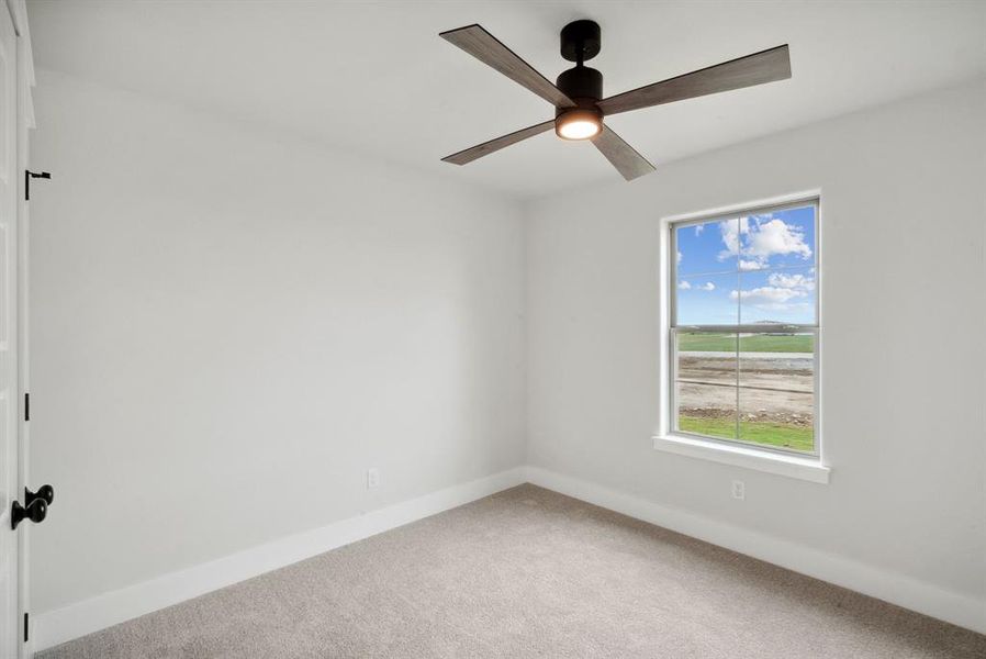 Unfurnished room featuring carpet flooring and ceiling fan