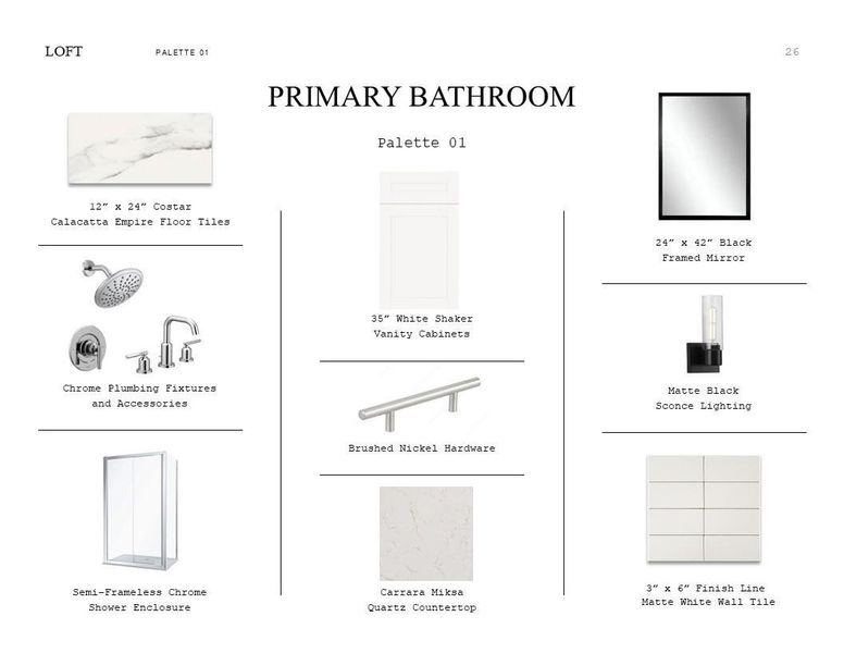 Loft Look Palette 1: Primary Bathroom Selection Sheet (*Artist rendering used for illustration purposes only.)