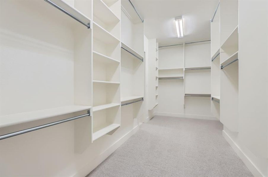 Walk in closet with light colored carpet