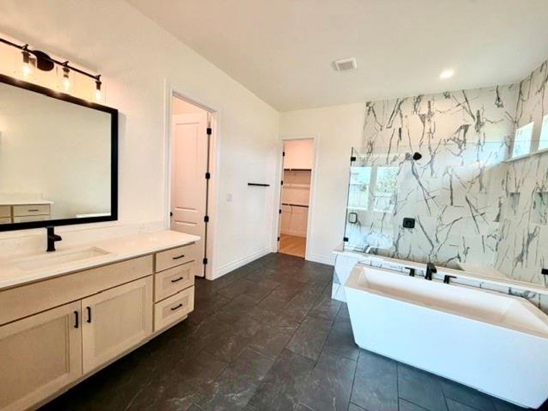 Luxurious primary bath with a deep soaking tub and a spacious walk-in closet. Luxurious primary bath with a deep soaking tub and a spacious walk-in closet.