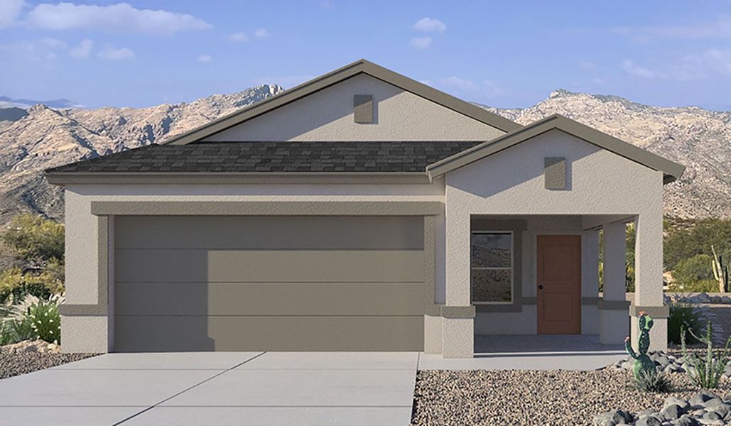 Front exterior of a new home in Blackhawk, Tucson, AZ, highlighting curb appeal (Image 1). Front exterior of a new home in Blackhawk, Tucson, AZ, highlighting curb appeal (Image 1).