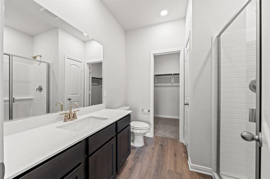 Bathroom featuring vanity, walk in shower, hardwood / wood-style flooring, and toilet