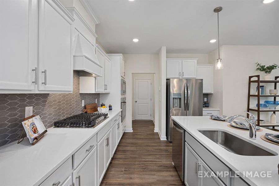 Kitchen featuring white cabinets, sink, dark hardwood / wood-style floors, decorative light fixtures, and stainless steel appliances